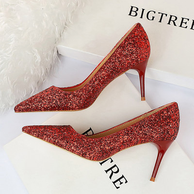 推荐New Women Pumps High Thin Heels Pointed Toe Metal Decora