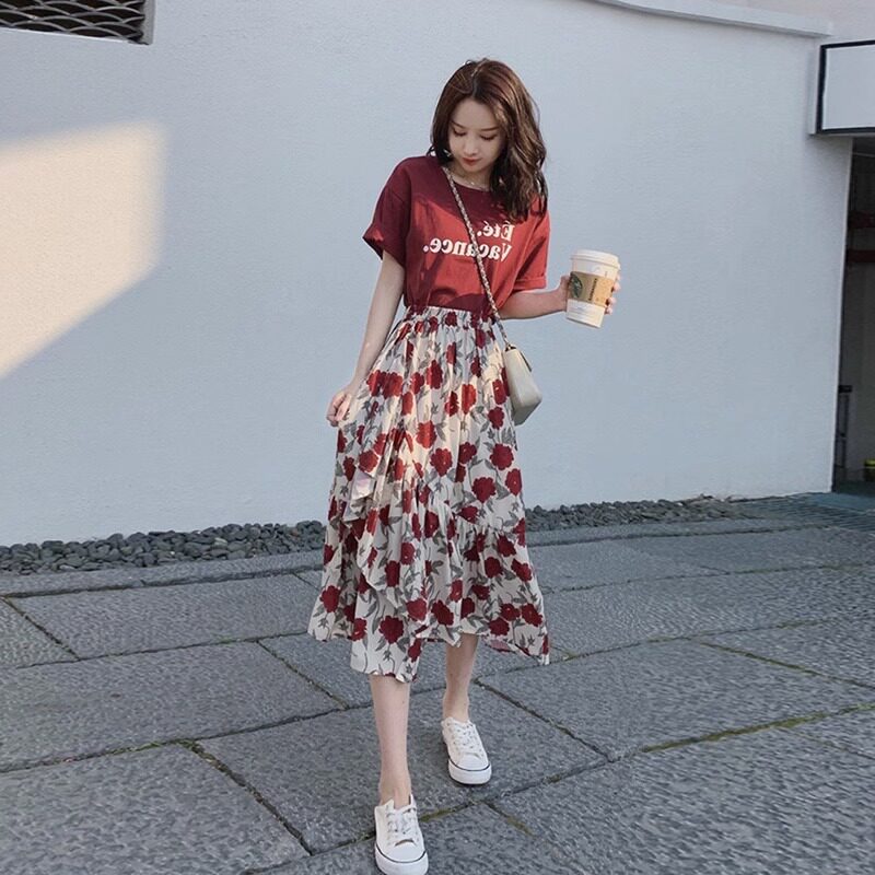 欧洲站碎花连衣裙套装女2023年夏新款时尚气质小个子半身裙两件套