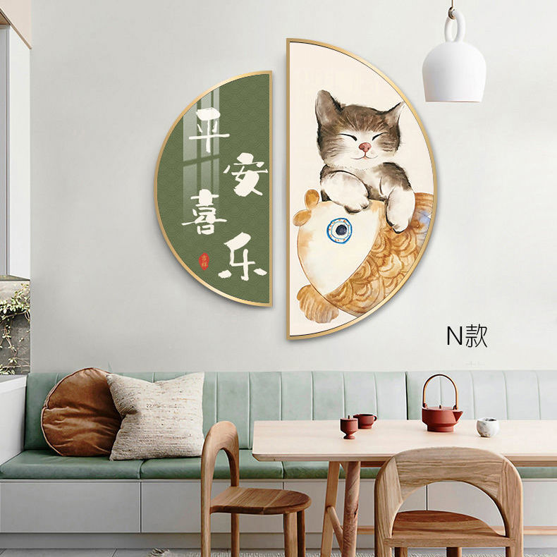 餐厅玄关装饰画简约现代三餐四季饭厅挂画2021新款餐桌猫咪半圆形图片