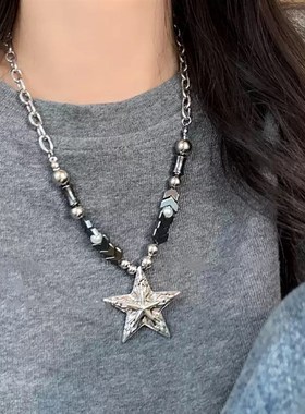 欧美重工哥特风黑银串珠星星项链简约中性M高级感嘻哈吊坠毛衣链
