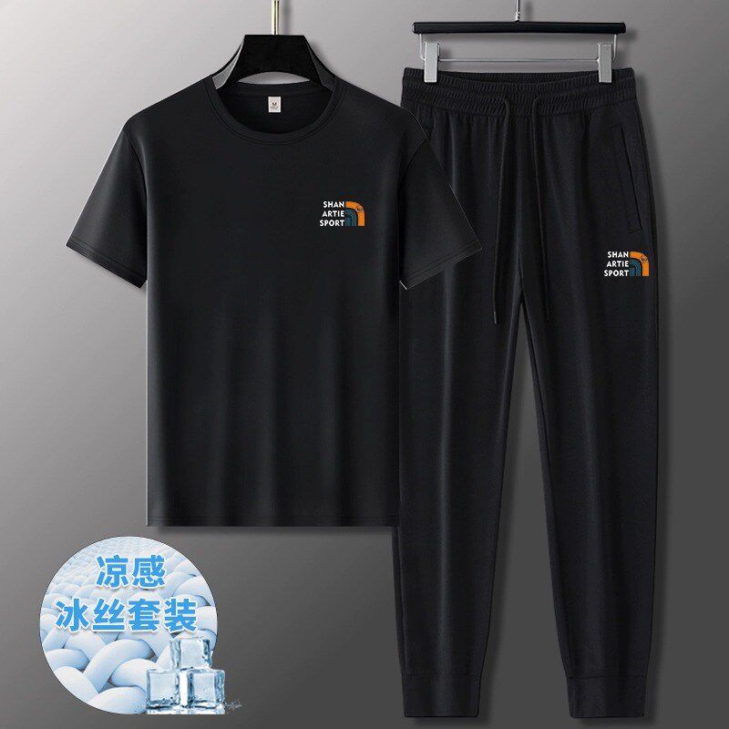 ~展现魅力!男士夏季冰丝薄款运动短袖t恤束脚长裤两件套