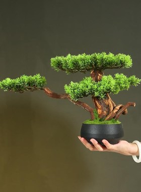 新中式仿真迎客松盆景办公室绿植客厅酒店玄关罗汉松落地装饰摆件