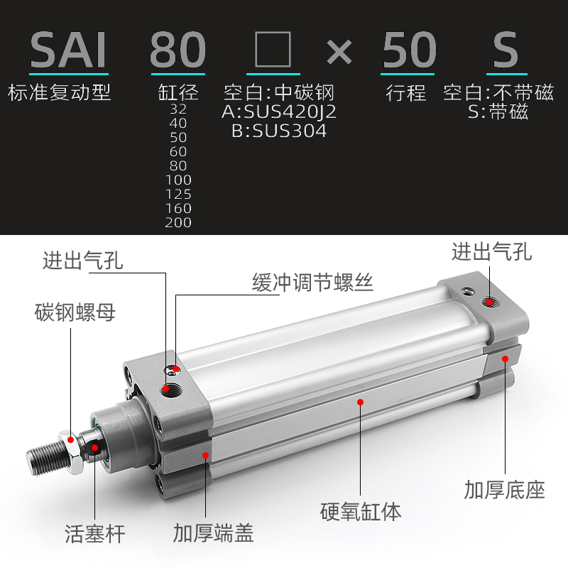 亚德客SAI50/63X25X50X75X100X125X150X175X200S标准气缸