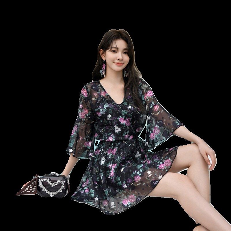 【粉蓝蔷薇】泳衣女分体三件套纯欲罩衫遮肚子显瘦保守泡温泉泳装