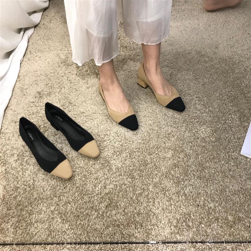 潮牌拼色粗跟单鞋女夏季新款尖头浅口中跟春秋天时尚复古高跟鞋女