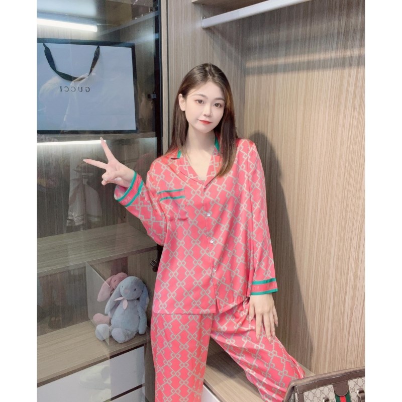 新款冰丝睡衣女款长袖套装秋冬季开衫薄款玫红宽松夏天外穿家居服