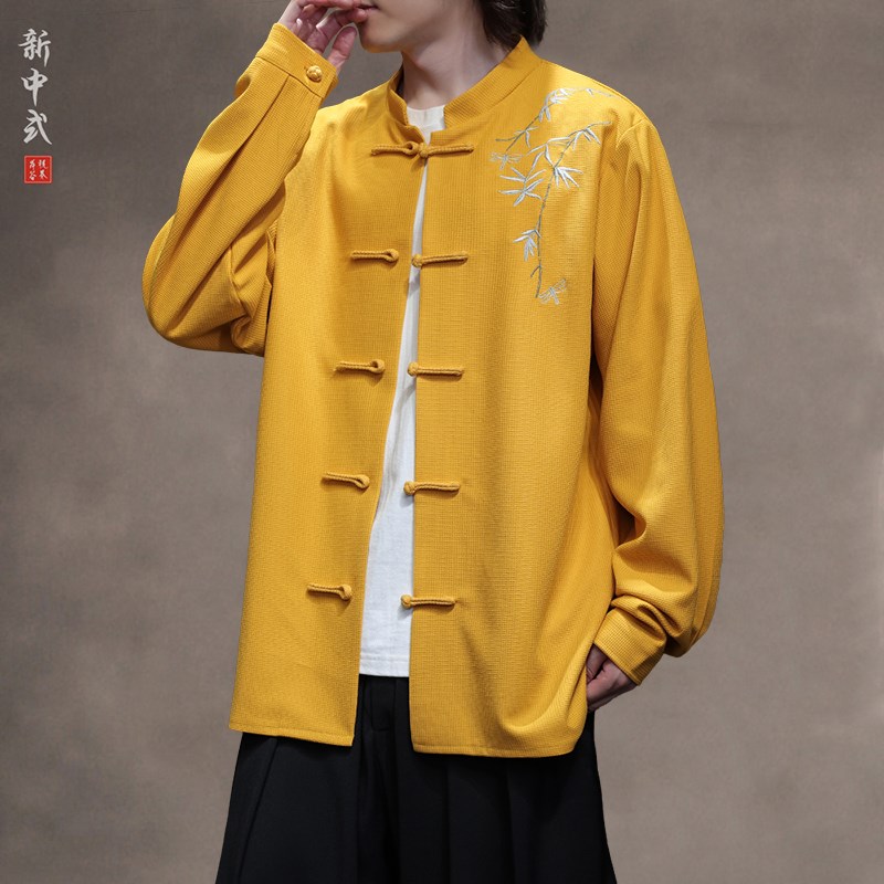 新中式春秋刺绣盘扣唐装衬衫男士宽松大码圆领中山装复古休闲长袖