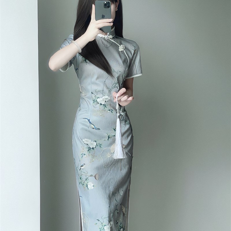现货针织提花旗袍民国风复古素雅印花国朝风气Q质优雅短袖改良年