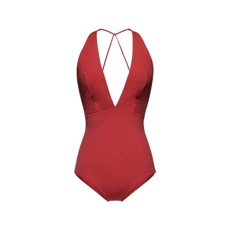 ins复古连体港风性感红色辣妹深v领泳衣女显瘦遮肚泡温泉度假泳装