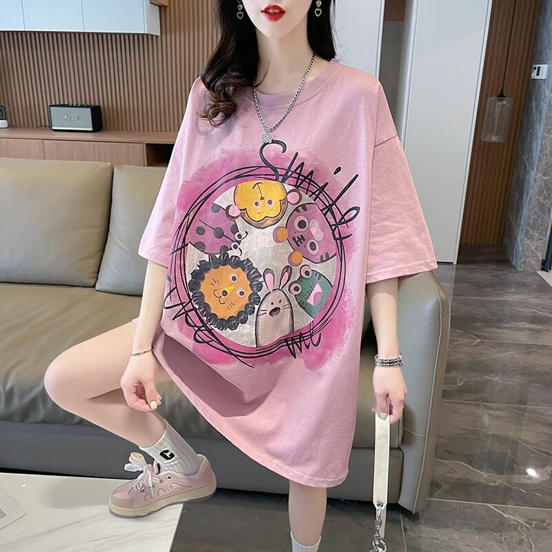 中长款印花短袖T恤女夏季2023新款大码女装减龄宽松遮肚慵懒上衣