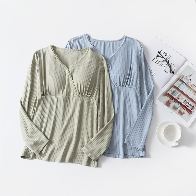 哺乳睡衣b上衣春夏季喂奶宽松大码孕妇产后长袖打底秋衣薄款月子