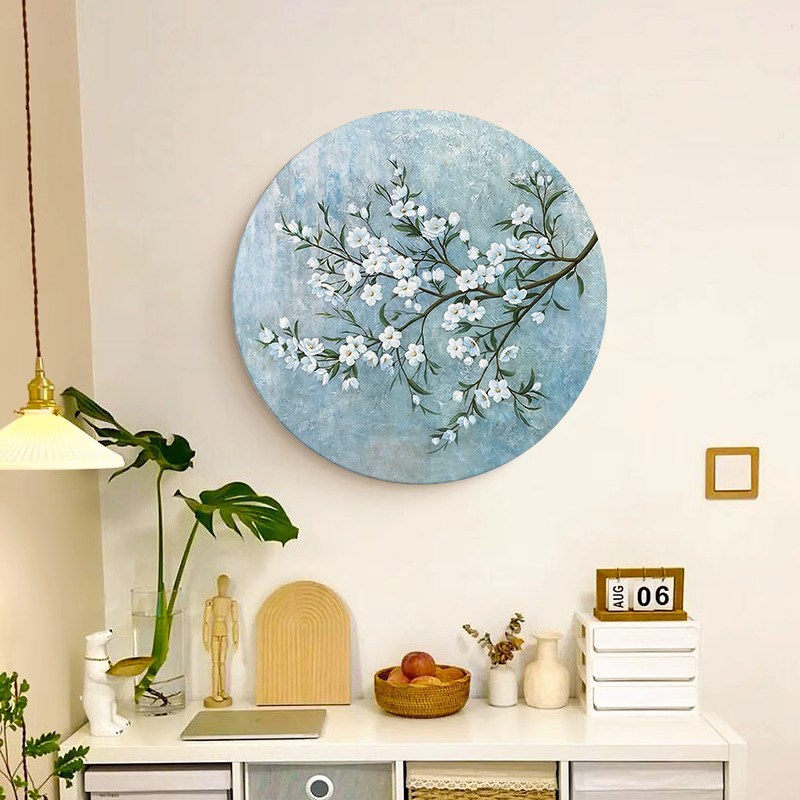 春暖花开圆形玄关挂画大芬村好运桃花手绘油画客厅花卉肌理装饰画图片