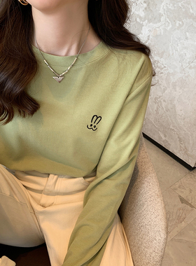 白色长袖t恤女春秋2023新款宽B松显瘦圆领内搭打底衫纯棉上衣体恤