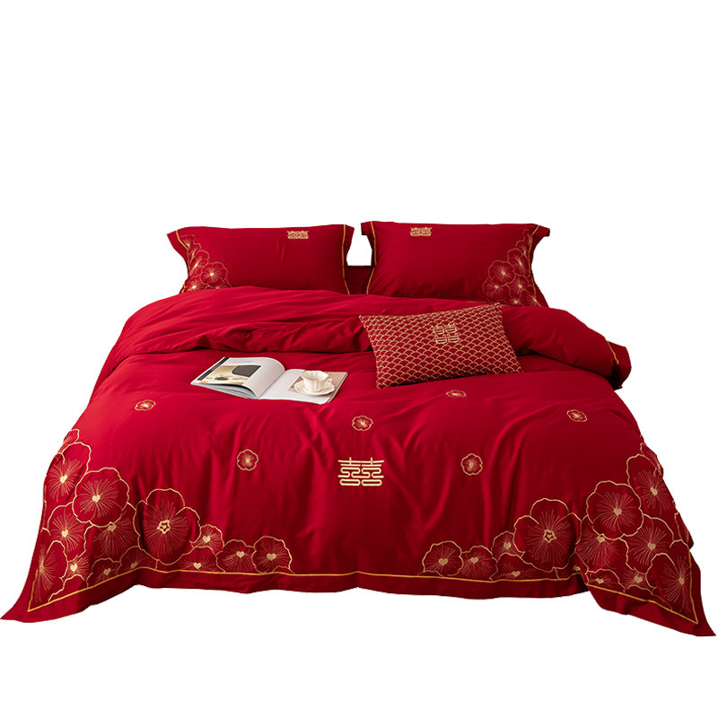 100支长绒棉新婚庆四件套全棉被套红色喜被结婚床单床上用品4,床上用品,婚庆床品套件,淘宝优惠券,粉丝福利购,淘宝优惠卷