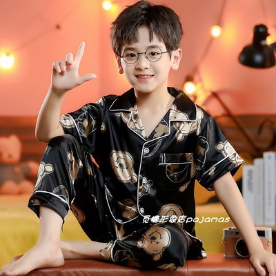 冰丝男童睡衣夏季短袖长裤薄款丝绸儿童家居服中大童卡通亲子套装