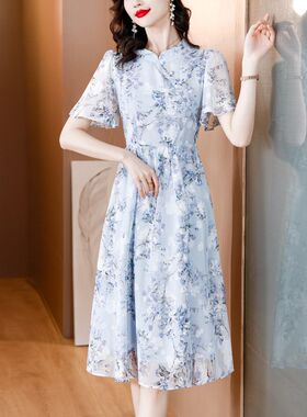 蓝色雪纺碎花连i衣裙女2023夏季新款中国风复古优雅淑女风中长裙