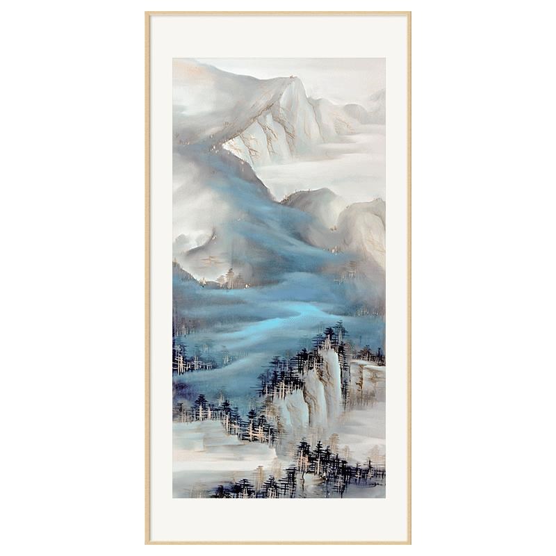 网红笔墨山丹青新中式廊关挂y道竖版水墨水风景走过玄壁装大气饰