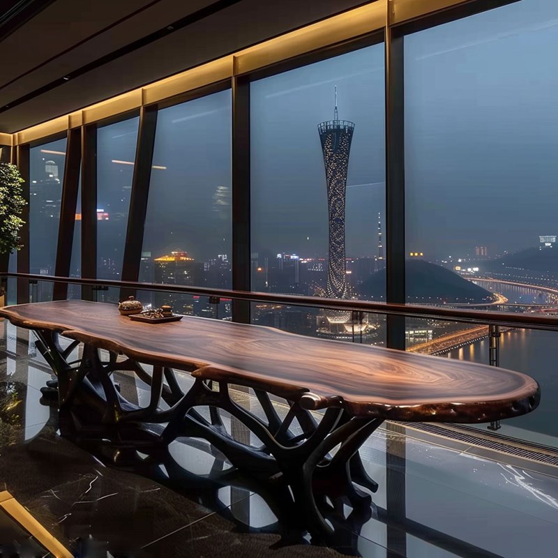 新中式实木大阪茶桌椅酒店客厅轻奢黑胡桃木泡茶桌简约办公室茶台