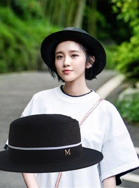 黑色草帽女M标短檐英伦小礼帽男遮阳帽平顶帽子包边夏季逛街韩版