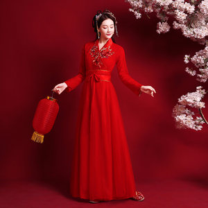 红色汉服女古装中国风中式大合唱民族古筝舞蹈表演演出服古风套装