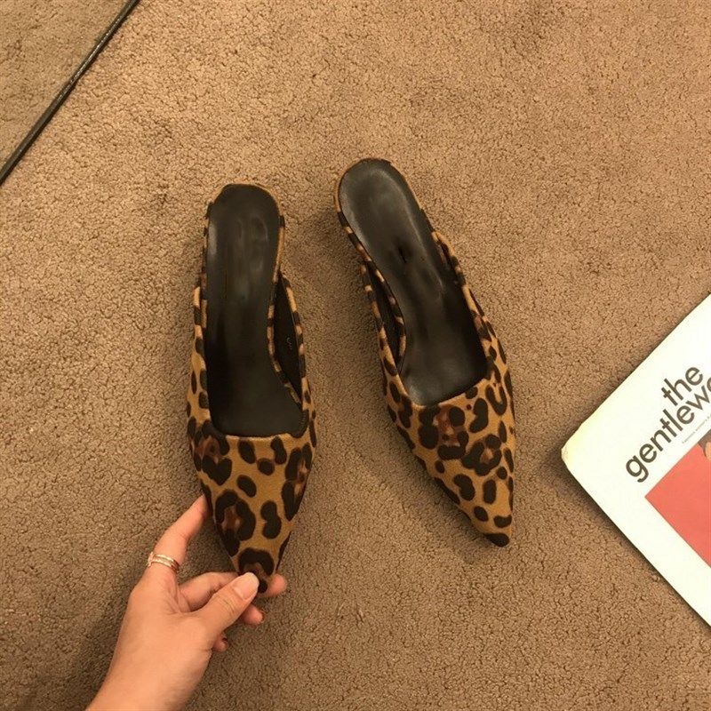 包头外穿半拖鞋女低跟尖头2023新款法式气质细跟豹纹懒人浅口凉拖,女鞋,包头拖,淘宝优惠券,粉丝福利购,淘宝优惠卷