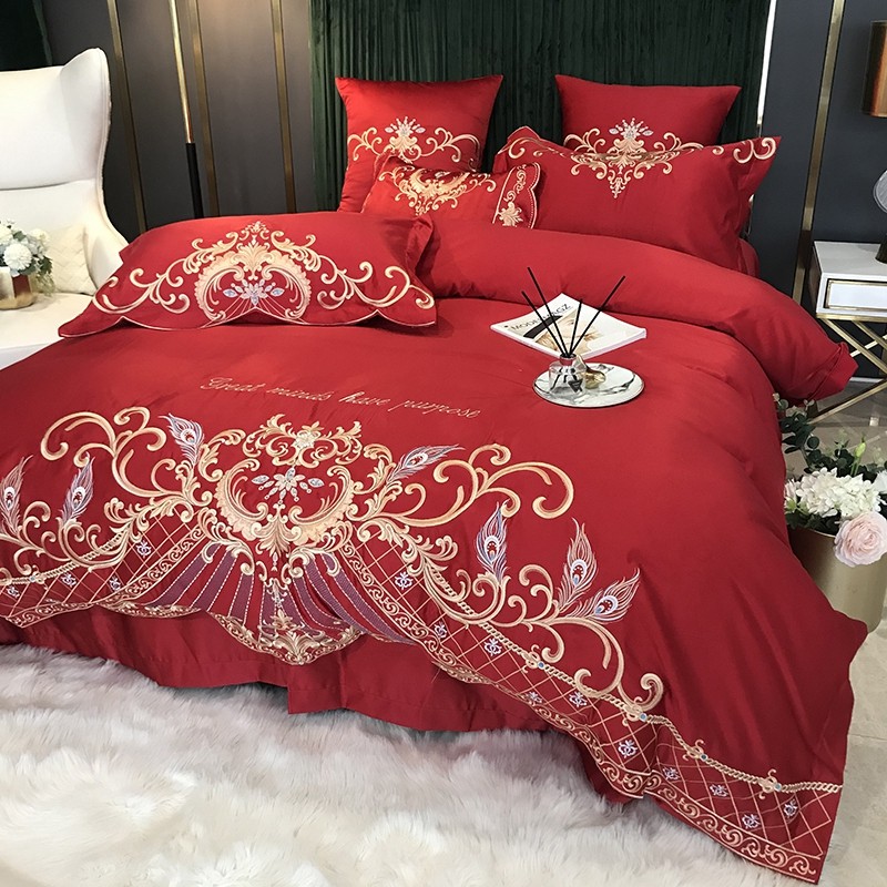 奢华欧式刺绣婚庆四件套被套全棉大红色结婚床单床上用品,床上用品,婚庆床品套件,淘宝优惠券,粉丝福利购,淘宝优惠卷