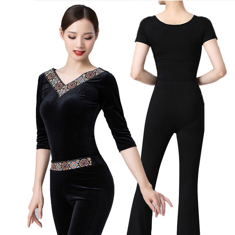 精选抖音网红舞蹈形体训练服装女优雅练功丝绒走S秀黑色连体表演