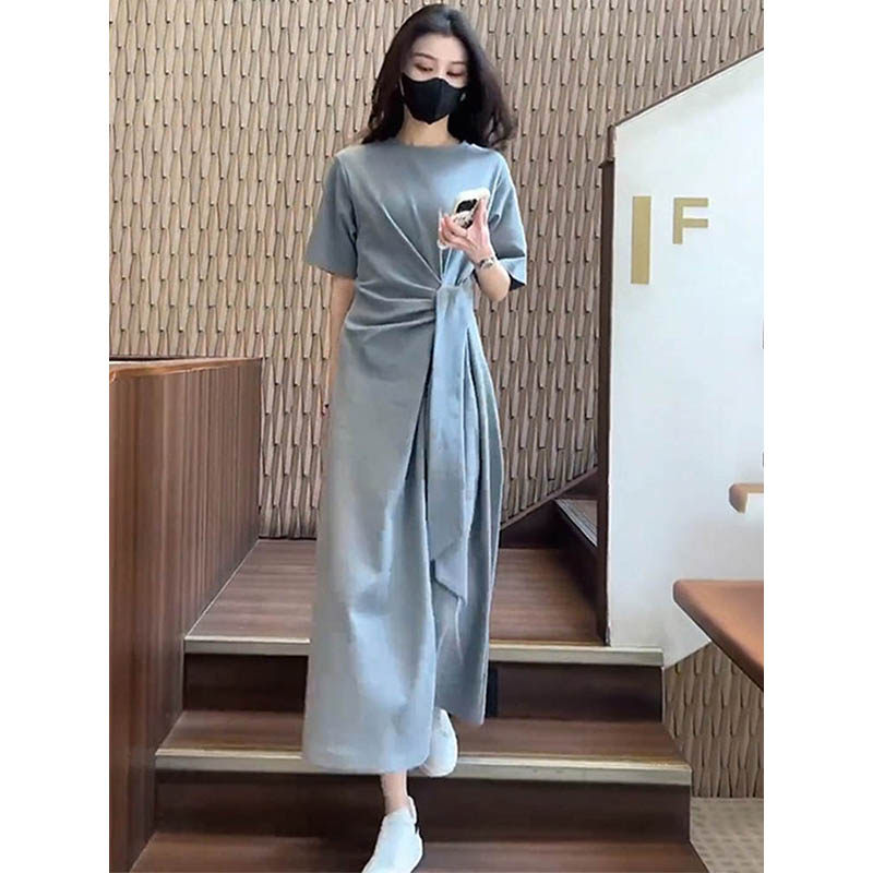 灰色纯棉短袖t恤裙女2023夏季新款系带收腰显瘦连衣裙打底长裙子