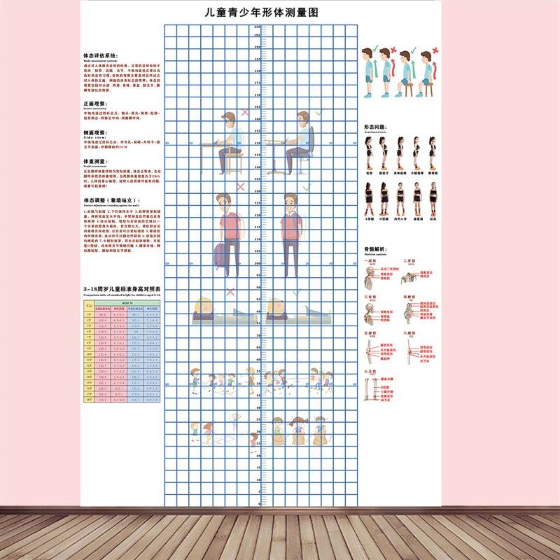 儿童体态身高评估表站姿体测网格背景墙纸幼小中青少年体测评估图,家装主材,定制壁画,淘宝优惠券,粉丝福利购,淘宝优惠卷