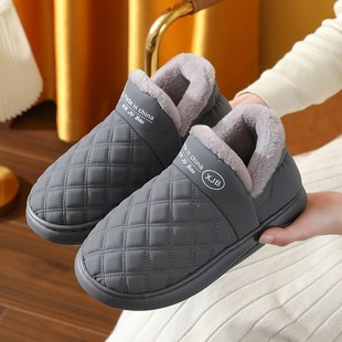 棉拖鞋女冬季男士厚底带后跟高包跟皮面防水防滑老人加绒室内棉鞋