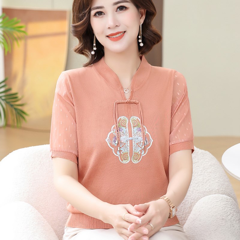 热销中国风夏装新款洋气短袖妈妈装冰丝针织上衣中老年女气质T恤