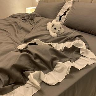 品三件套裙荷叶浪漫单公主浅紫床件套风床单被套花边四双人床纯色