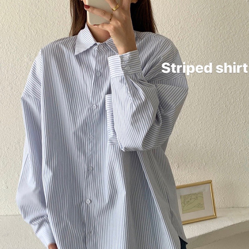 工厂销条纹衬衫h女外穿复古春秋韩版大码胖mm设计感bf百搭盐系长