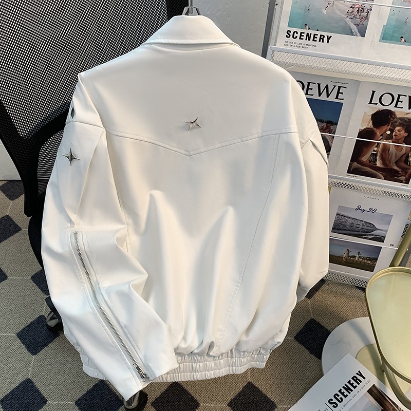 美式高街白色皮衣外套男春秋季潮牌设计小众高级感大码机车服夹克