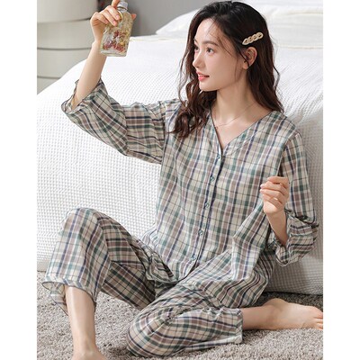 梭织棉纱睡衣女春秋款七分袖2024新款夏季全棉长袖无领家居服