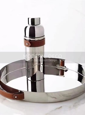 美式轻奢复古银色金属酒具香槟红酒冰桶装饰碗托盘组合样板间摆件