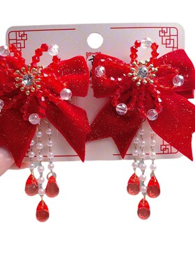 汉服头饰女童e新年红色古风发饰中国风表演出蝴蝶结儿童古装配饰