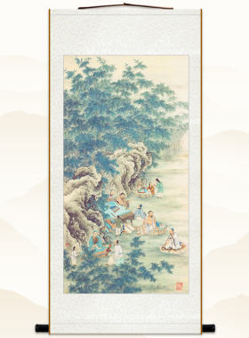 竹林七贤图 古代名人贤士喝酒品茶画像 中式书房卷轴挂画装饰字画