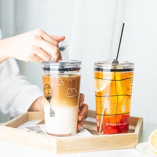 A6L耐b高温冰美式玻璃吸管杯成人透明带刻度水杯减肥500ml女生夏