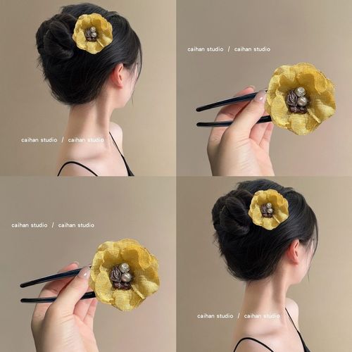 橘落山茶~新中式花朵发簪水钻珍珠u型发簪高级感后脑勺花朵发钗