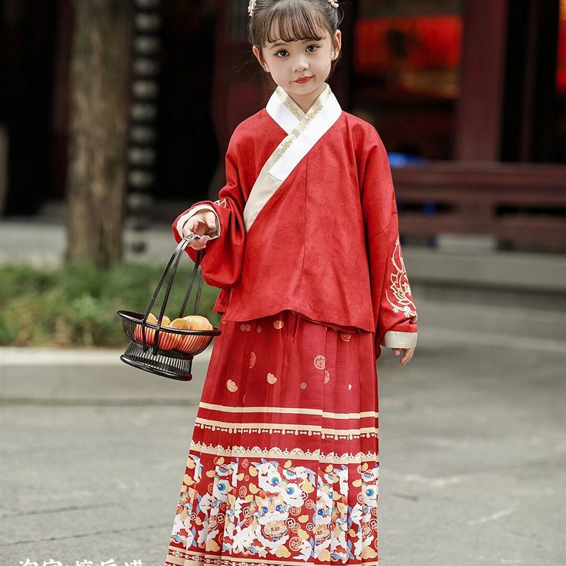女童汉服年服加绒龙年宋代马面裙马甲明制外套加厚保红色喜庆儿童