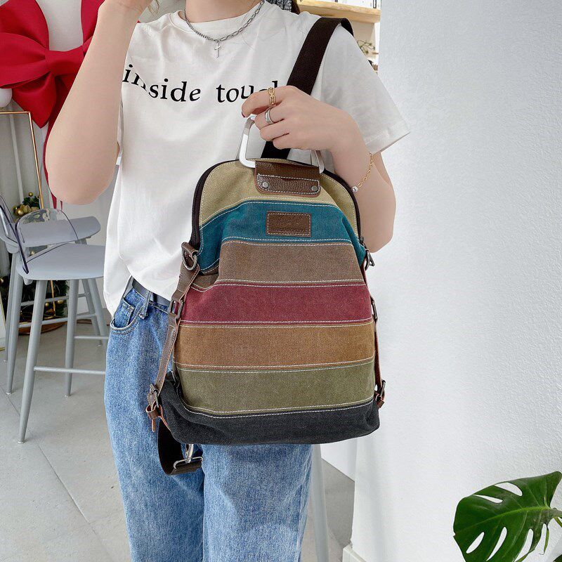 韩版双肩包女帆布三用背包百搭手提单肩包时尚拼接斜挎包大容量潮