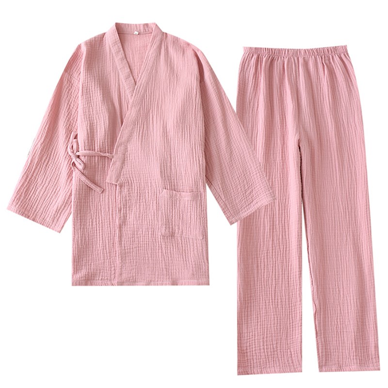 日式和服睡衣女春夏长袖纱薄开衫系绳N水洗全棉绉布家居服