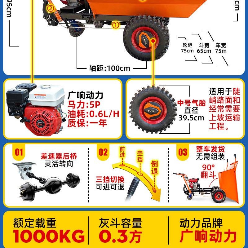 小型王工c程手推爬坡q汽油柴油平板载轮车独轮三重用地农工拉货斗