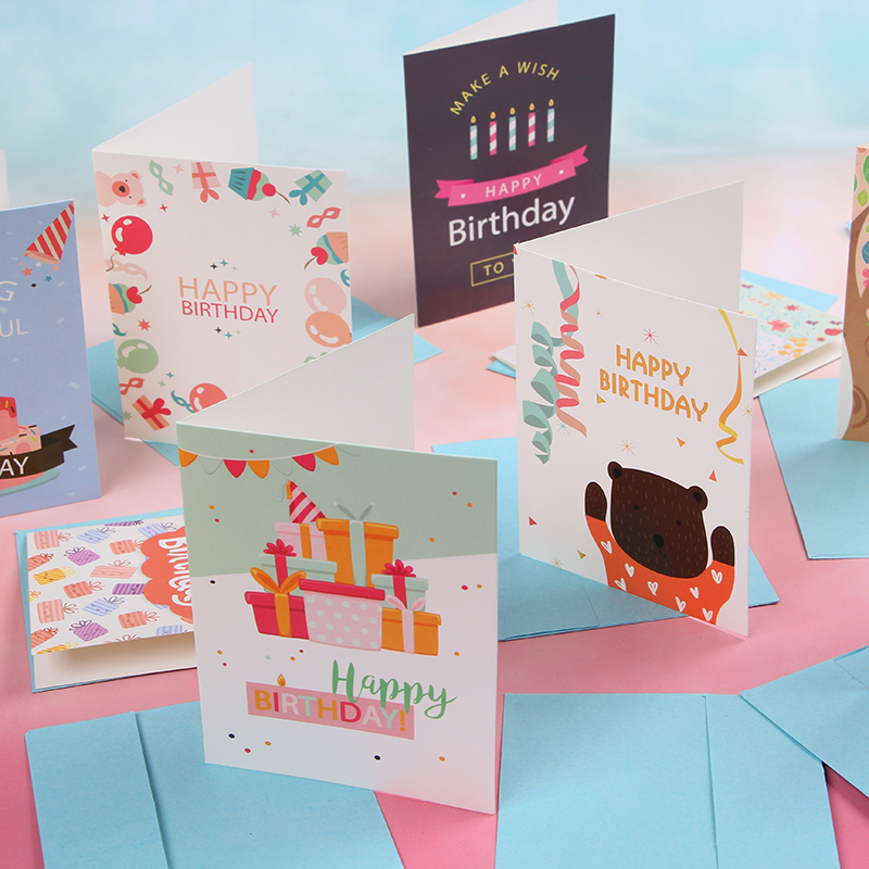 96张迷你对折带信封生日贺卡简易祝福小卡片N留言儿童可爱卡通许