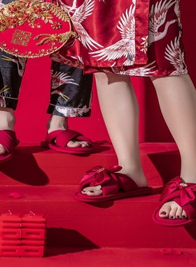 结婚拖鞋喜庆红色一对新婚情侣新郎新娘晨袍红拖鞋家居Z新婚礼陪