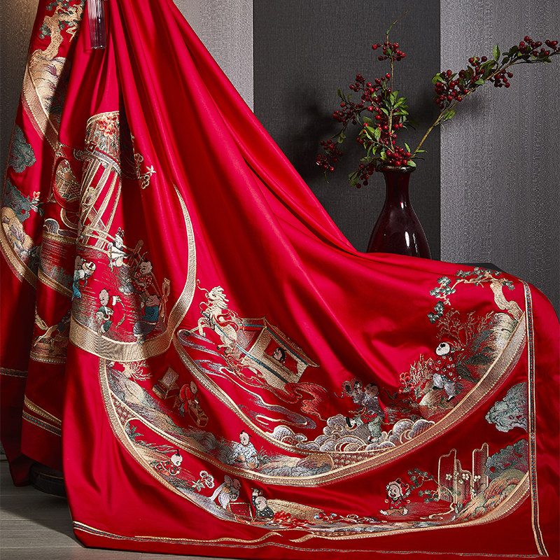 婚庆结婚四件套大红色百子图全棉刺绣被套床上用品十件套,床上用品,婚庆床品套件,淘宝优惠券,粉丝福利购,淘宝优惠卷