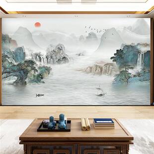 水墨风电视沙发背l景墙纸富春山居图壁画8D流水生财山水情自粘壁