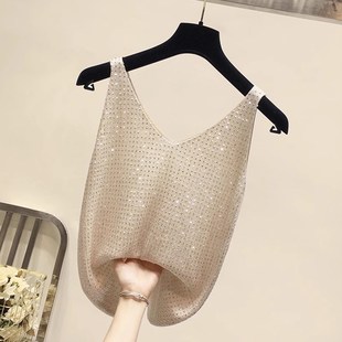 吊带背心女夏季 设计感上衣 亮丝打底外穿内搭烫钻冰丝针织v领无袖