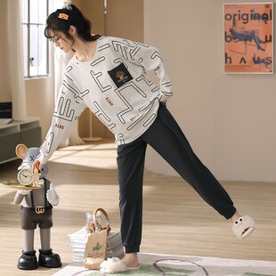 睡衣女春秋长袖休闲宽松家居服收口束脚圆领时尚简约套装春款